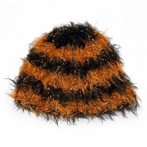 Y2K Orange & Black Shaggy Faux Fur Beanie – Fuzzy Striped Skull Cap